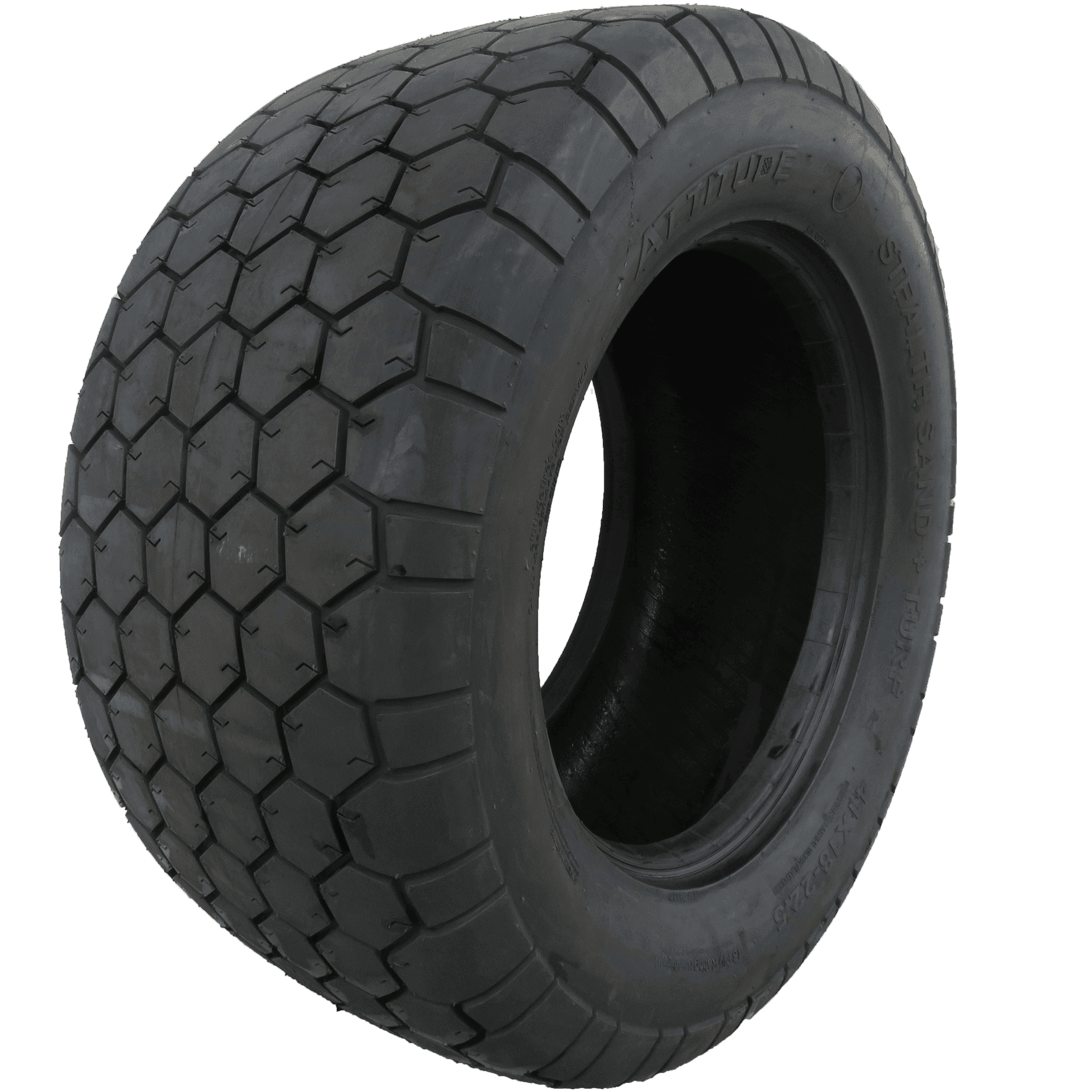 Large off-road tire with a hexagonal tread pattern on a white background.