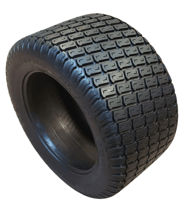 Large black all-terrain tire with a distinctive block tread pattern against a white background.